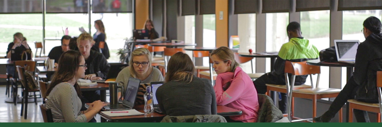 Students study in the Nucleus, on the first floor of the Shineman Center